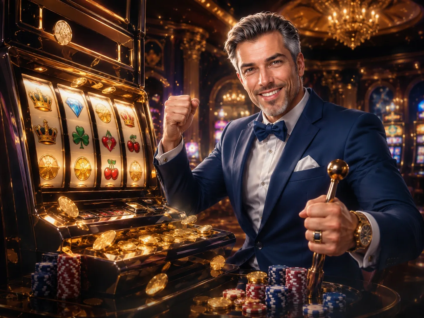 Glamorous casino slot machine jackpot with gold coins