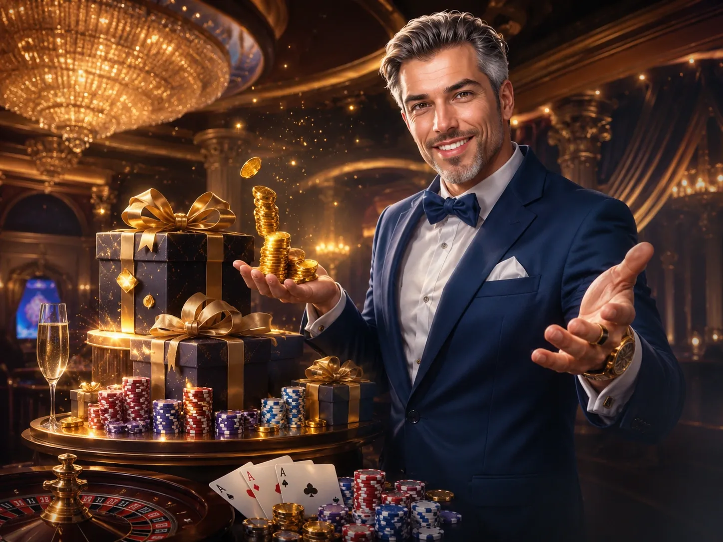 Luxury casino bonus gifts gold coins and poker chips
